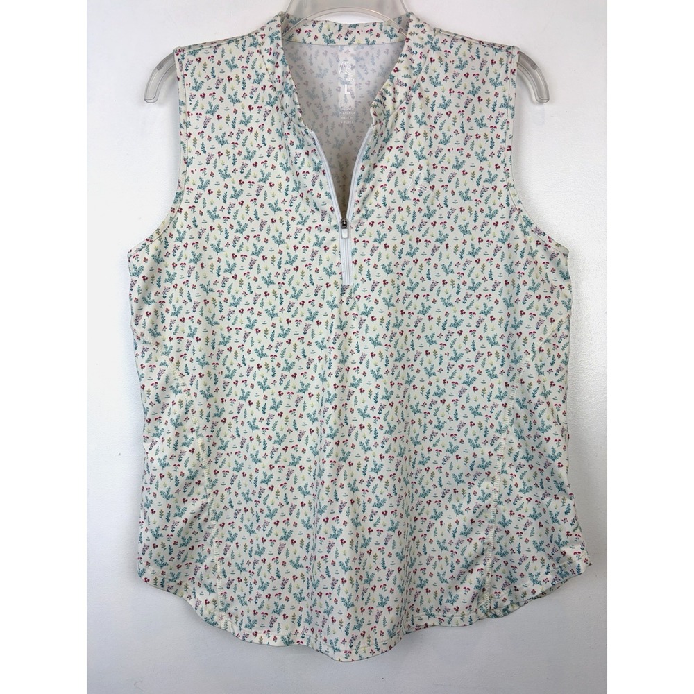 Rhoback Shirt Sleeveless Polo Womens Large Ivory Floral Quarter Zip Golf Casual